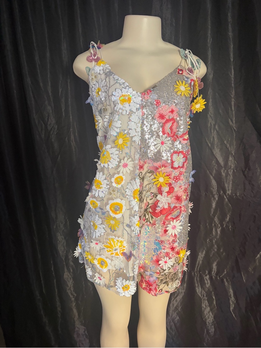 Meghan LA Floral Appliqué Slip Dress in Yellow, Pink & Silver Sequins